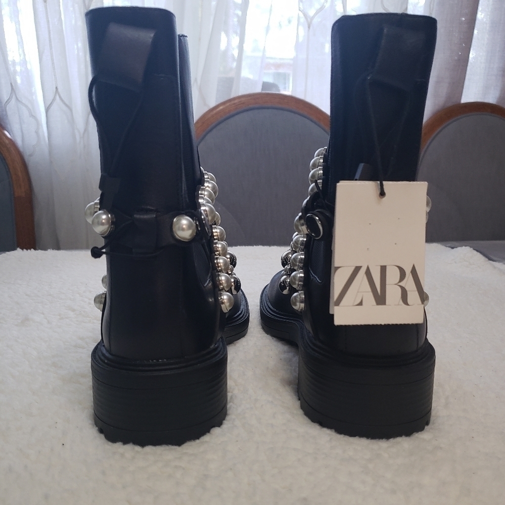 NWT Zara Black Leather Faux Pearl Accents Ankle Boots Size 38 - Picture 9 of 13